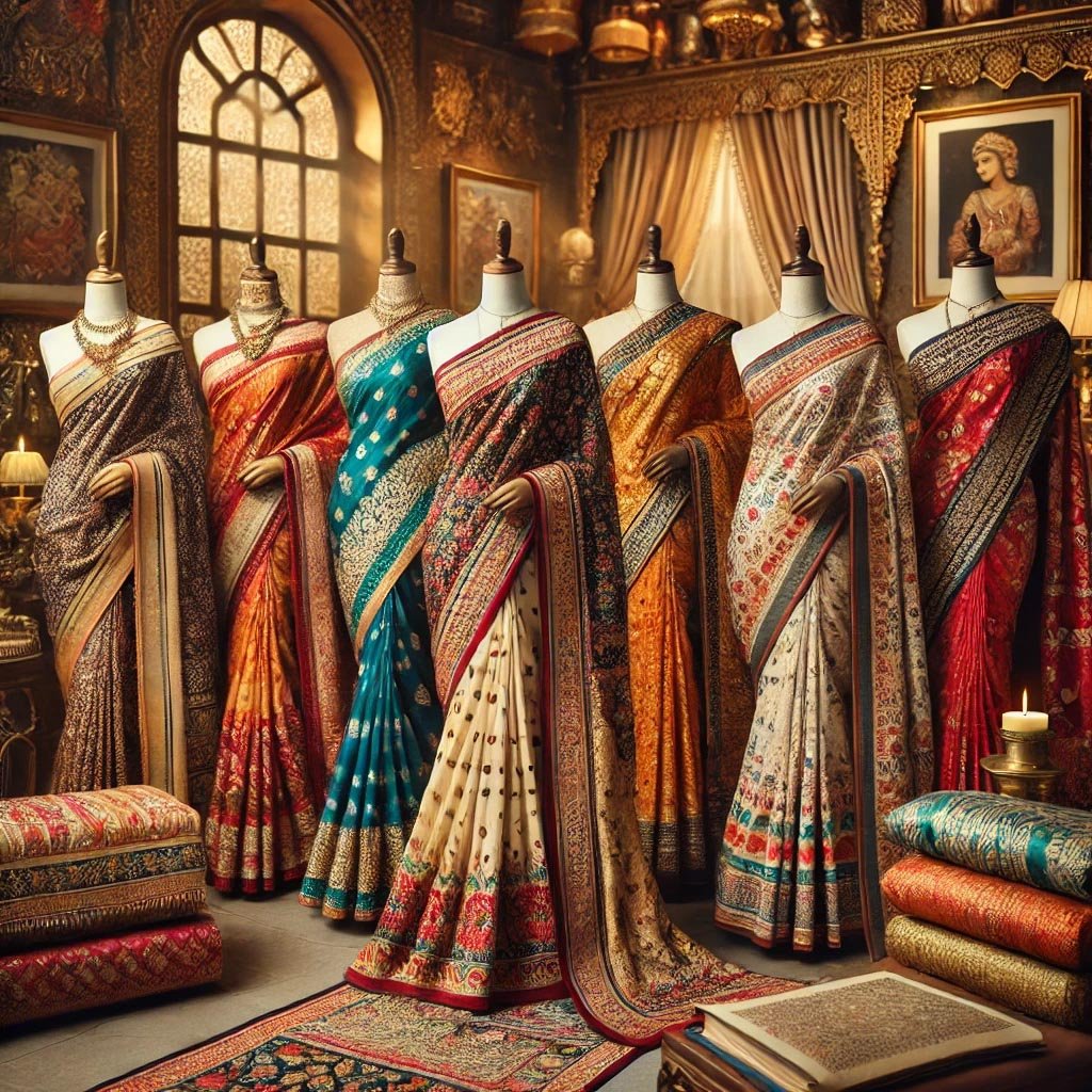 A beautiful scene showcasing traditional Indian-style sarees in various vibrant colors and intricate designs.